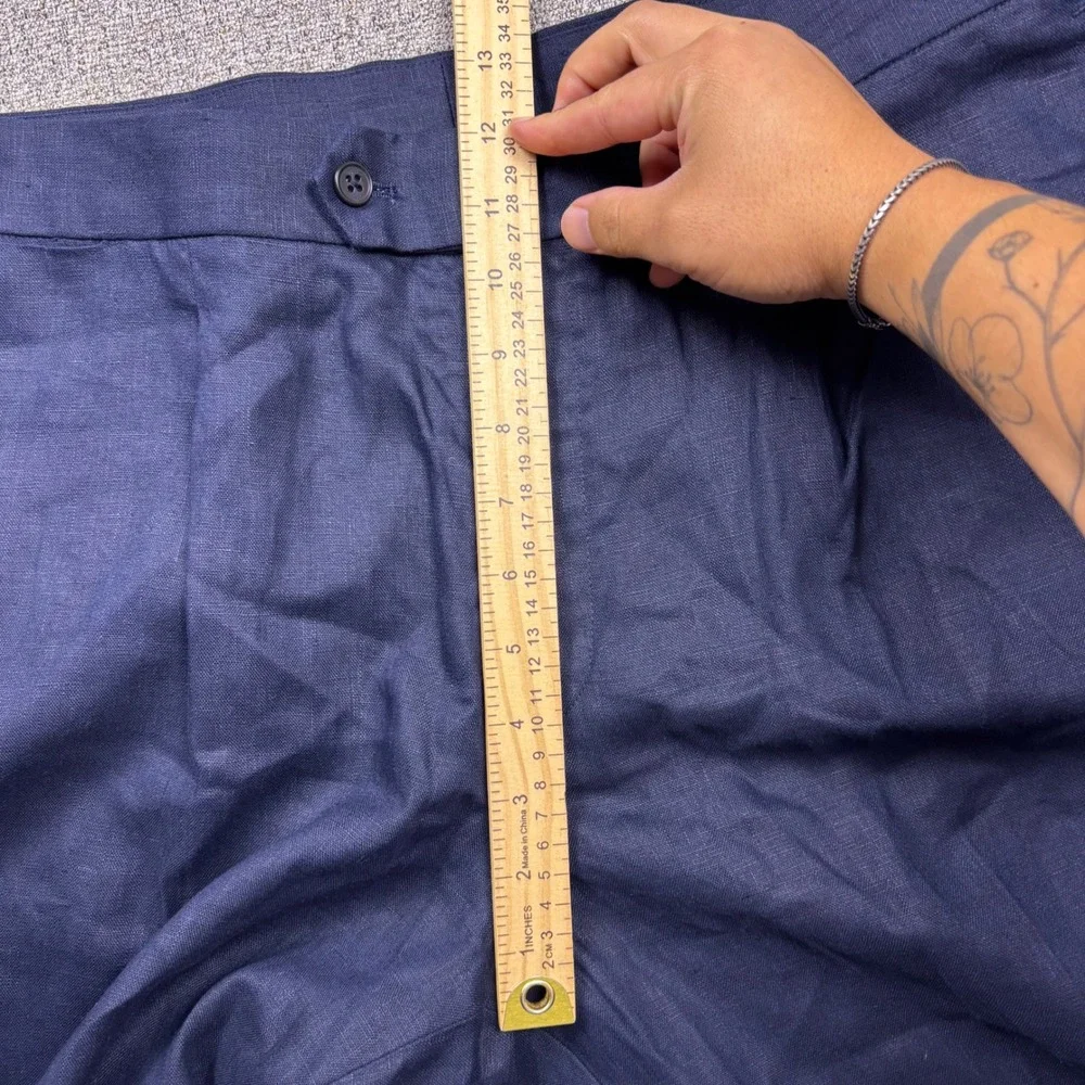 Collars & Co. Trousers Mens 38x32 Amalfi Navy Blue Linen Pleated Side Adjusters